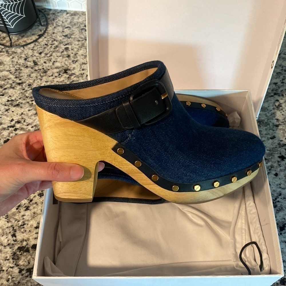 Veronica Beard Dacey Denim Clog wooden heel clogs - Picture 11 of 12